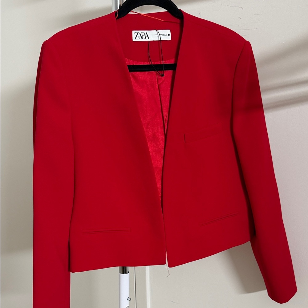 NEVER WORN! ZARA Red Collarless Open-Front Blazer Jacket
